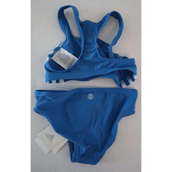 adidas HF5916 Girl's Sz 5T High Blue/White Classic 3-Stripe 2 Piece Swimsuit - Picture 2 of 2